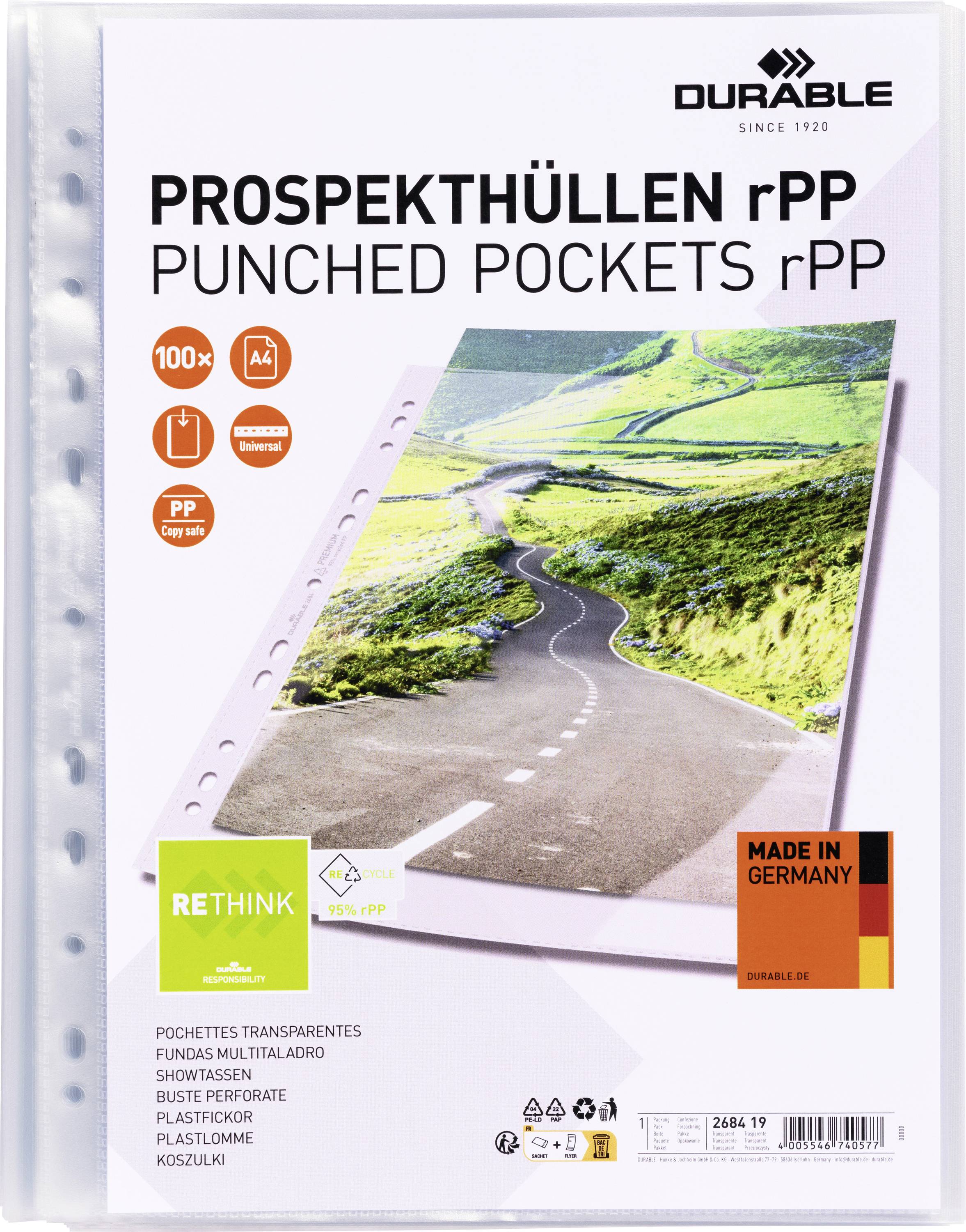 'Polypropylene document sleeves, pack of 100, PP-free, A4 size, Transparent, Perforated edge. Image of a road in hilly countryside. Made in Germany.'