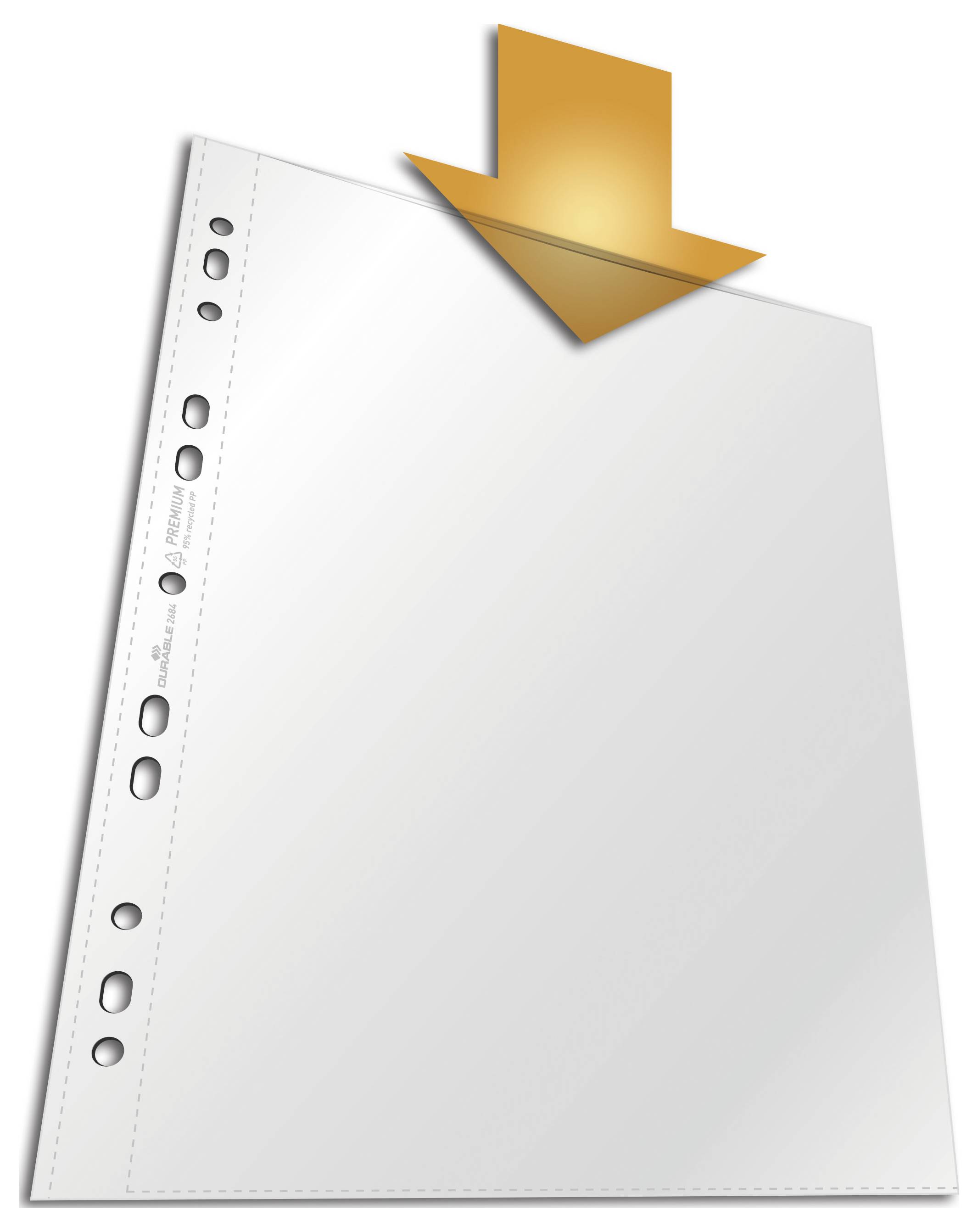 A sheet of paper with an orange arrow graphic pointing downwards, as if the paper is being inserted into an envelope or folder.