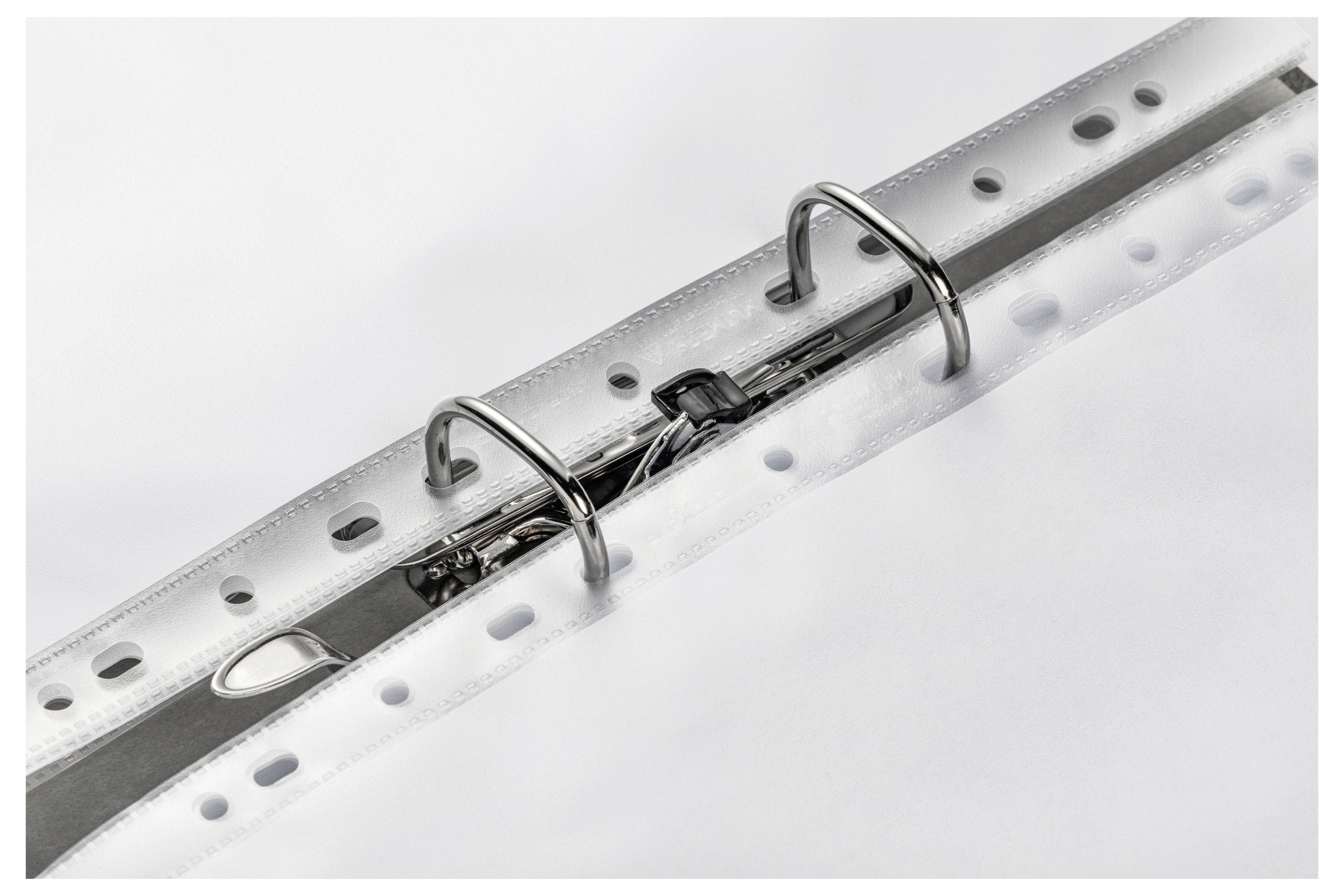 A white ring binder with two silver ring mechanisms for filing hole-punched documents.