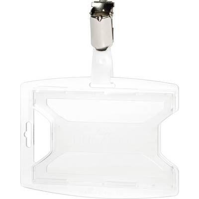 A transparent ID holder with a clip, suitable for attaching to clothing for convenient carrying and quick access to identification documents.