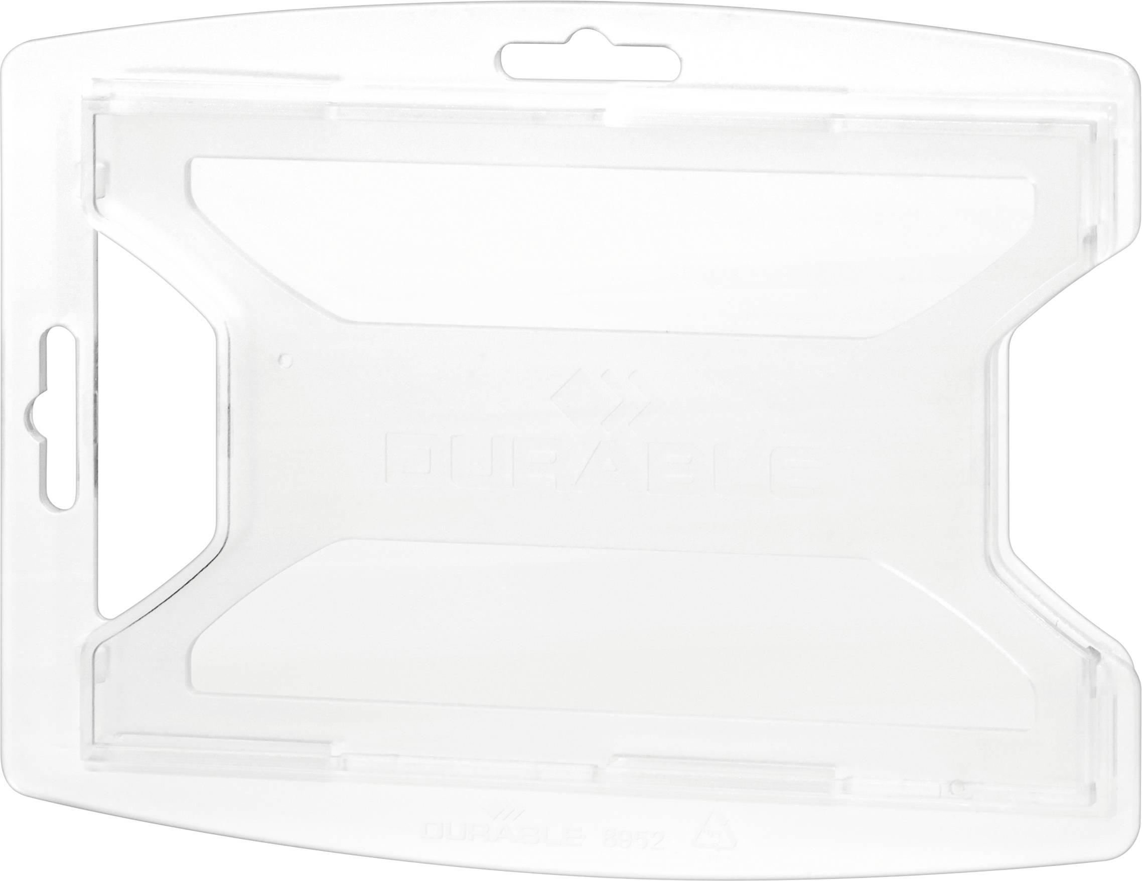 Transparent plastic ID card holder by Durable, suitable for cards. Rectangular shape with a slot for lanyards.