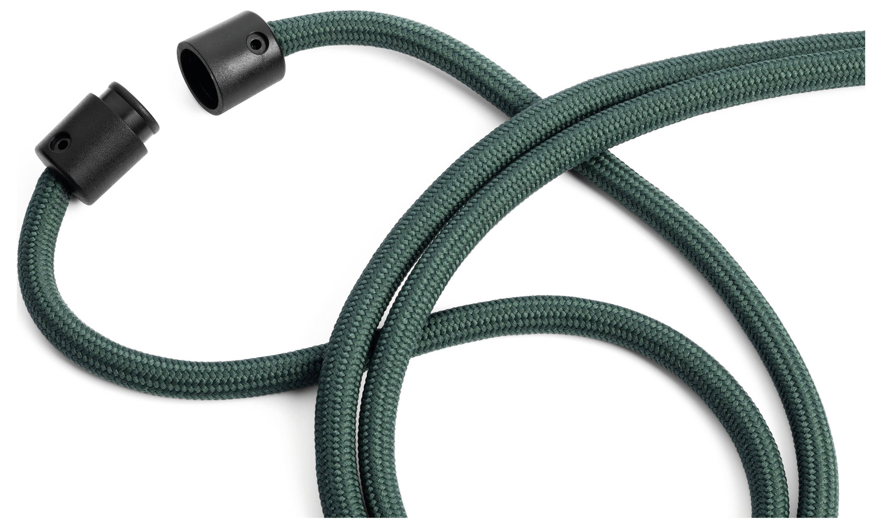 Green, braided cable with black connectors, loosely knotted, on a white background.