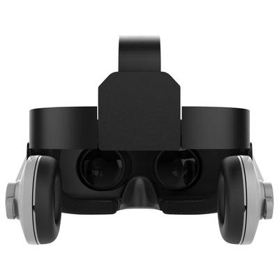 Virtual reality headset viewed from the front with detachable headphones and adjustable headband.