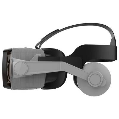 A virtual reality (VR) headset with a black and grey design and adjustable head strap, shown from the side.