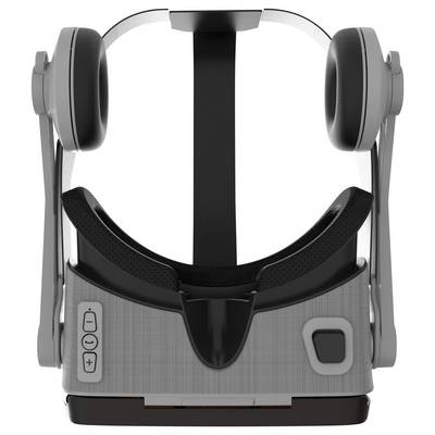 A grey, modern VR headset viewed from the front, with a black headband and adjustable ear cups mounted on the sides.