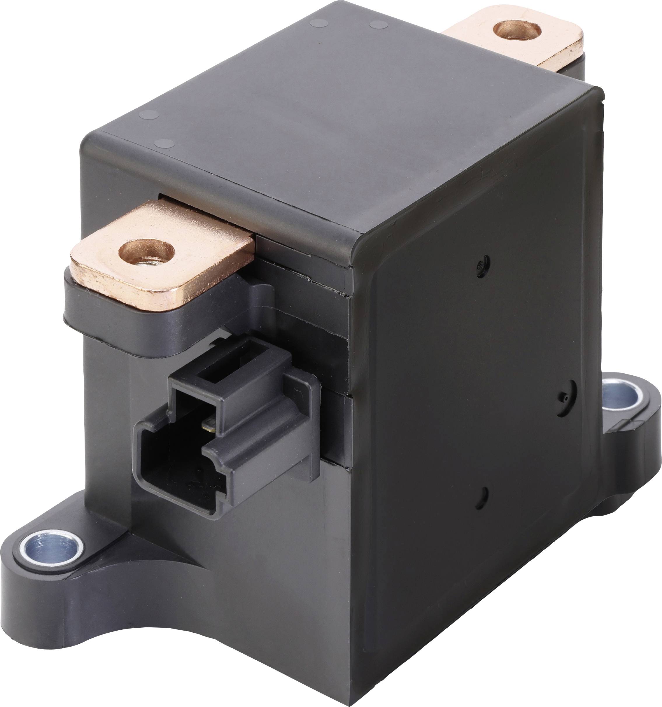 Black electrical component with two copper contacts and a plug connection. Possibly a relay or switch.