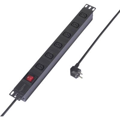 Black power strip with six Schuko sockets and a red rocker switch, mountable, with cable and plug.
