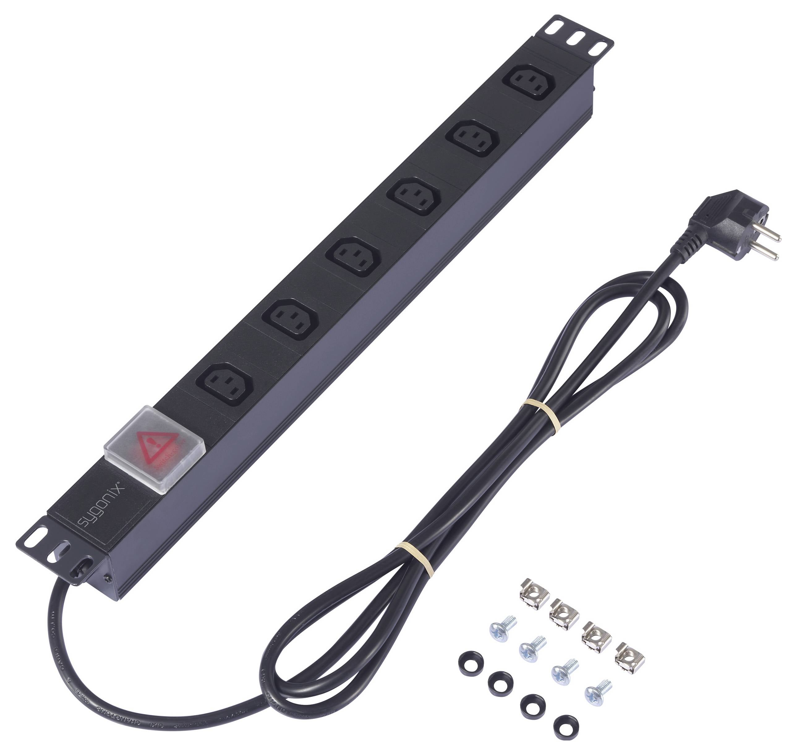 Rack-mountable power distribution unit with six outlets, network switch, power cable, and mounting screws, designed for power distribution in server racks.