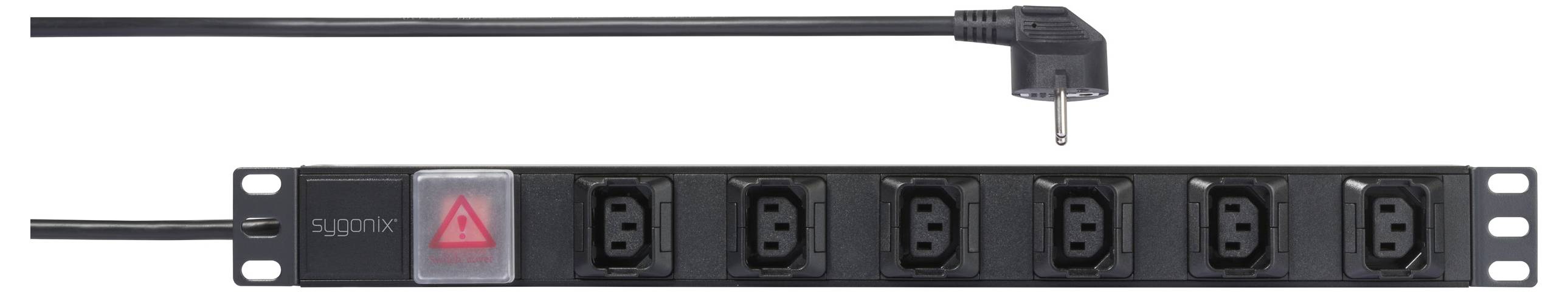 'Black power strip with five sockets and an on/off switch, connected to a black mains cable with an angled plug.'