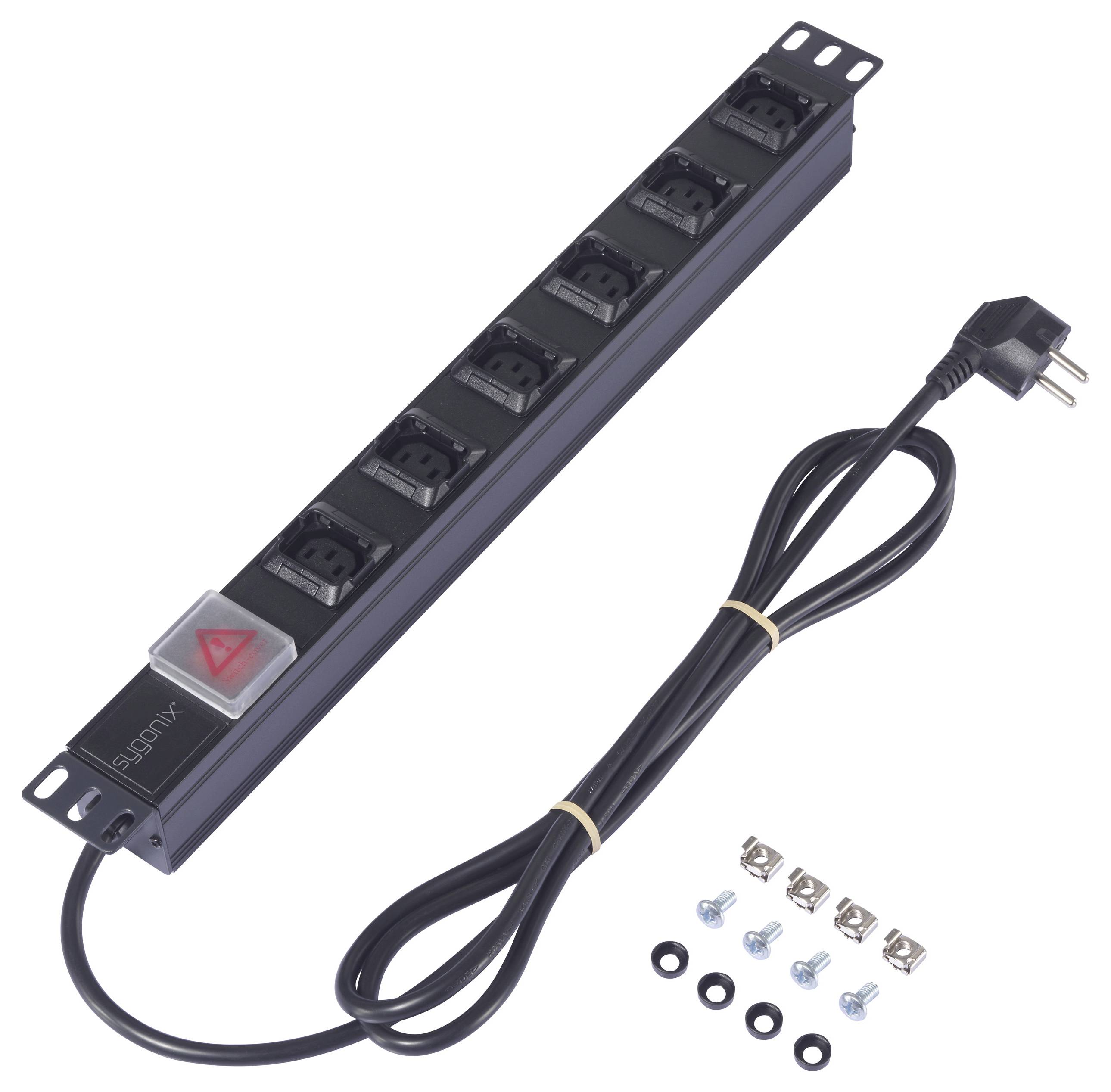 Seven-way power strip with an on/off switch. Includes a mains cable and mounting screws.