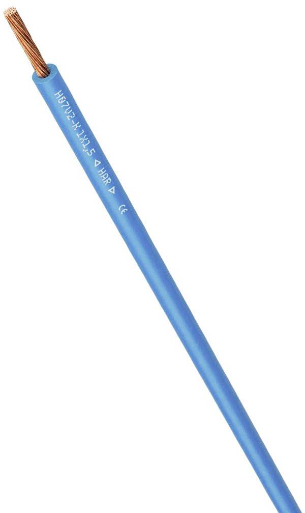 A blue electrical cable with copper wires exposed at one end.