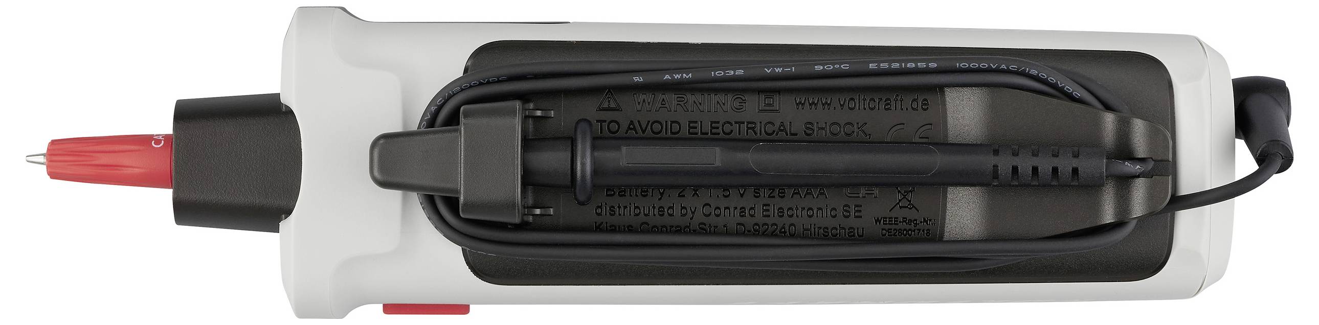 Top view of an electrical testing device with a red probe and a black probe coiled neatly on its black and white casing.