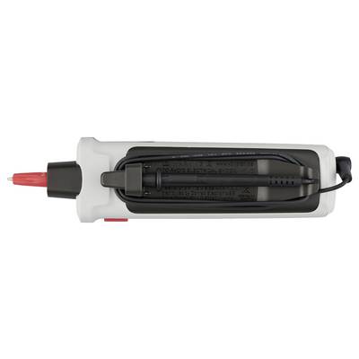 Top view of an electrical testing device with a red probe and a black probe coiled neatly on its black and white casing.