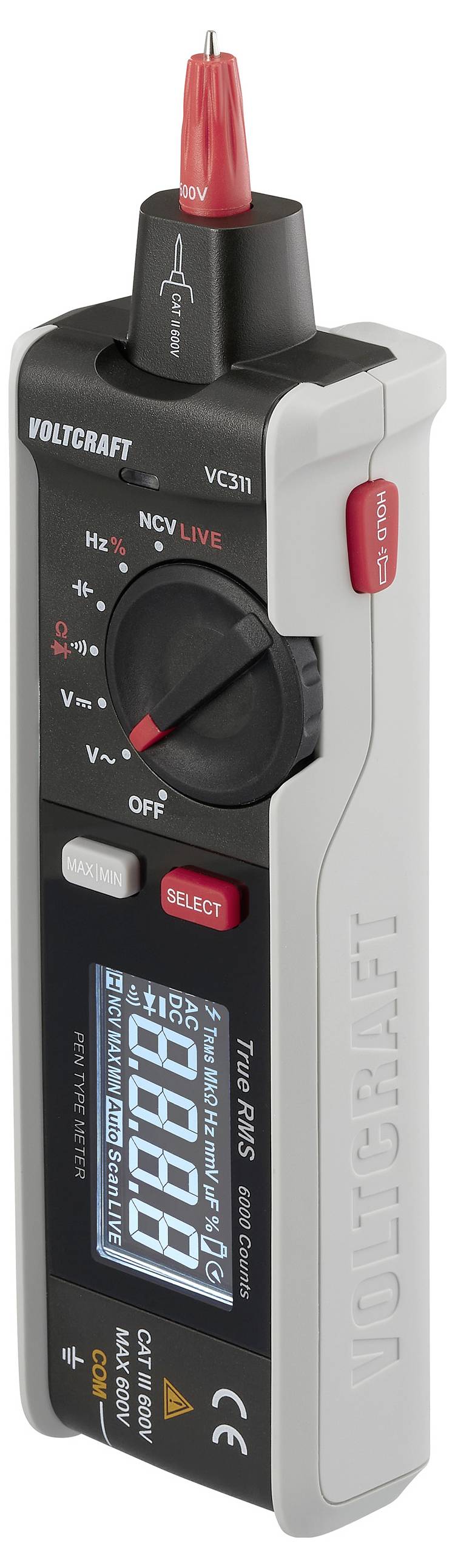 'A digital multimeter labeled VOLTCRAFT  VC-311 with various measurement settings, a display screen, and a red probe connected on top.'