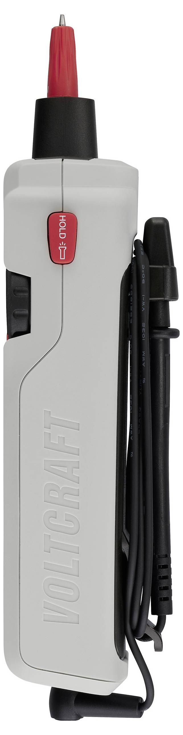 White handheld electrical tester with red probe tip, black cables wrapped on the side, and red button labeled 'Test'.