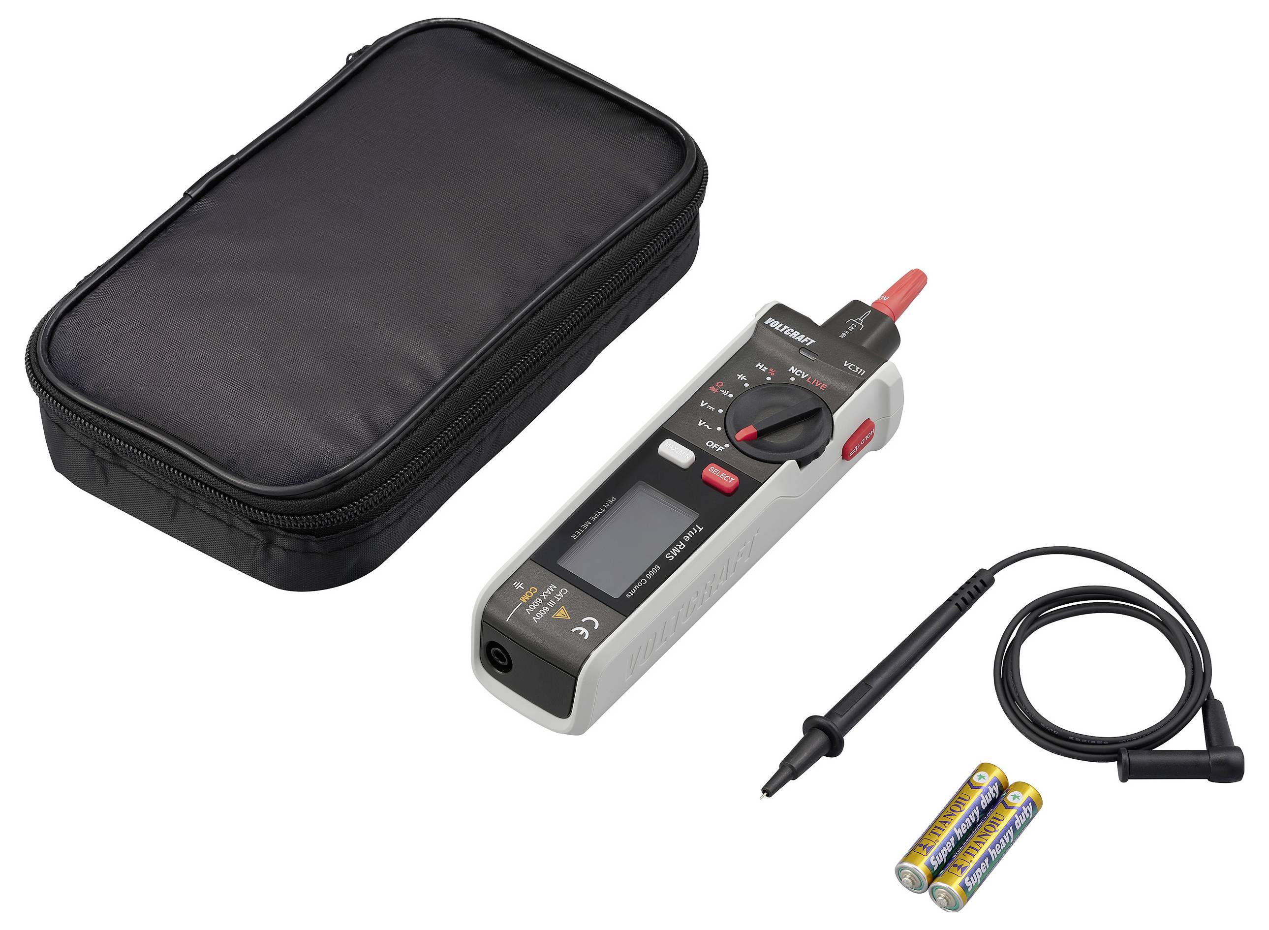 Digital multimeter with test lead, soft case, and two AA batteries, used for measuring electrical values.