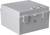 Grey plastic storage box with clip locks and four small metal components on the front, with no visible contents.