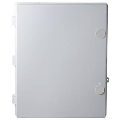 A white, rectangular enclosure with rounded corners and two round covers on the right side.
