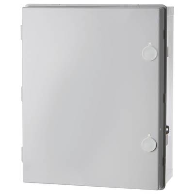 Rectangular grey box with two round elements on the front, possibly a control panel, against a white background.