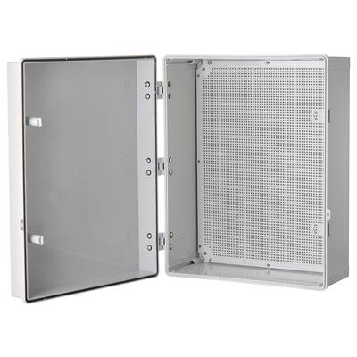 Open white enclosure with metal backplate and transparent lid, suitable for technical or electrical installations.
