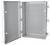 Opened grey electrical plastic enclosure with hinges, showing perforated interior wall for mounting electrical components.