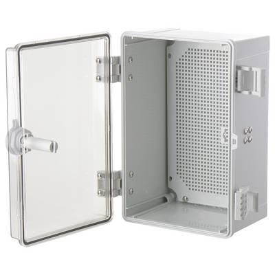 An open, empty, grey distribution cabinet made of plastic with a transparent door, hinges, and a snap lock, set against a white background.