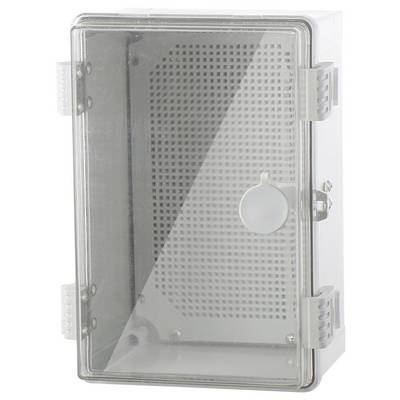Metal cabinet with transparent door, ventilated interior and side hinges, for technical or electrical equipment.