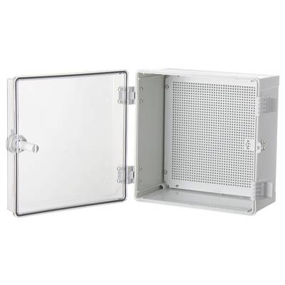 Empty, opened grey electronics enclosure box with clear, transparent cover and perforated plate inside. Ideal for mounting.