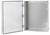 Opened white plastic enclosure with a transparent door; a perforated mounting plate is visible inside.