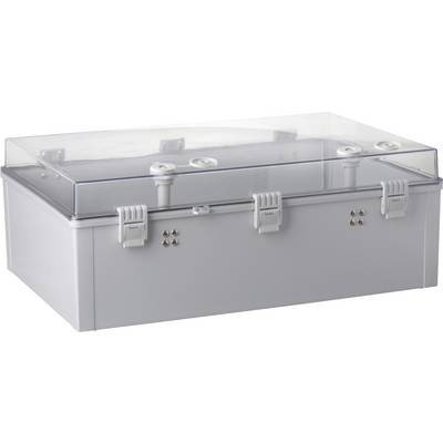 Grey metal box with a transparent lid and five circular holders on the top surface. Four locks secure the lid.
