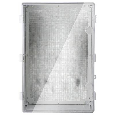 A rectangular, transparent enclosure with a perforated back panel and side closures. Used for protecting electronic components.