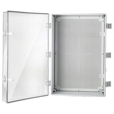 Opened rectangular electrical enclosure with transparent lid and perforated metal plate inside. Suitable for electronic assembly.
