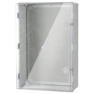 A blank, transparent plastic enclosure with a perforated metal back panel, suitable for electronic installations.