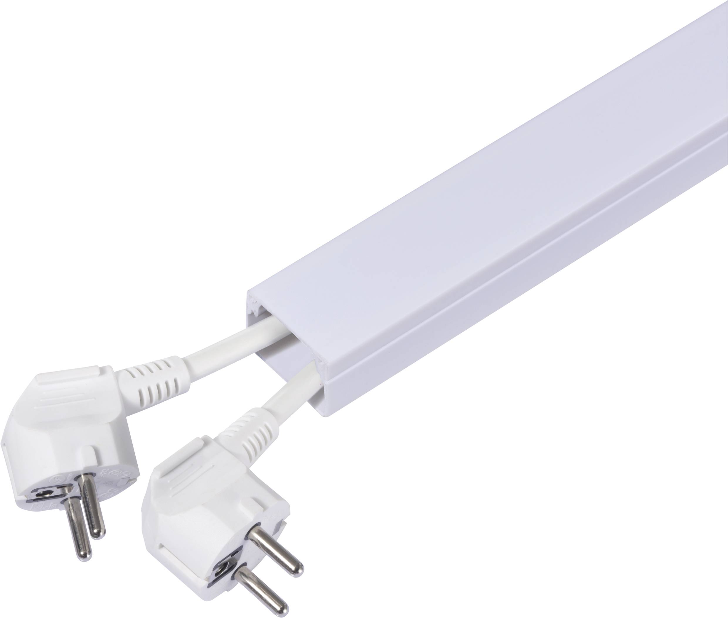 A white cable trunking with two protruding, white plugs. The trunking is rectangular and made of plastic.