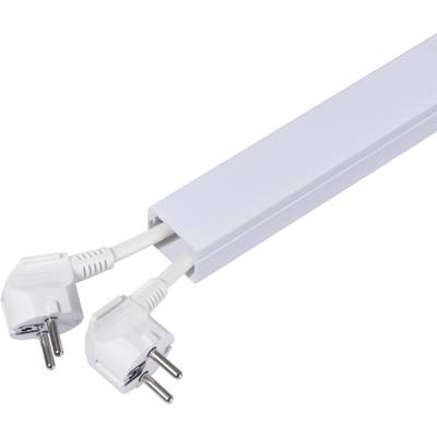 A white cable trunking with two protruding, white plugs. The trunking is rectangular and made of plastic.
