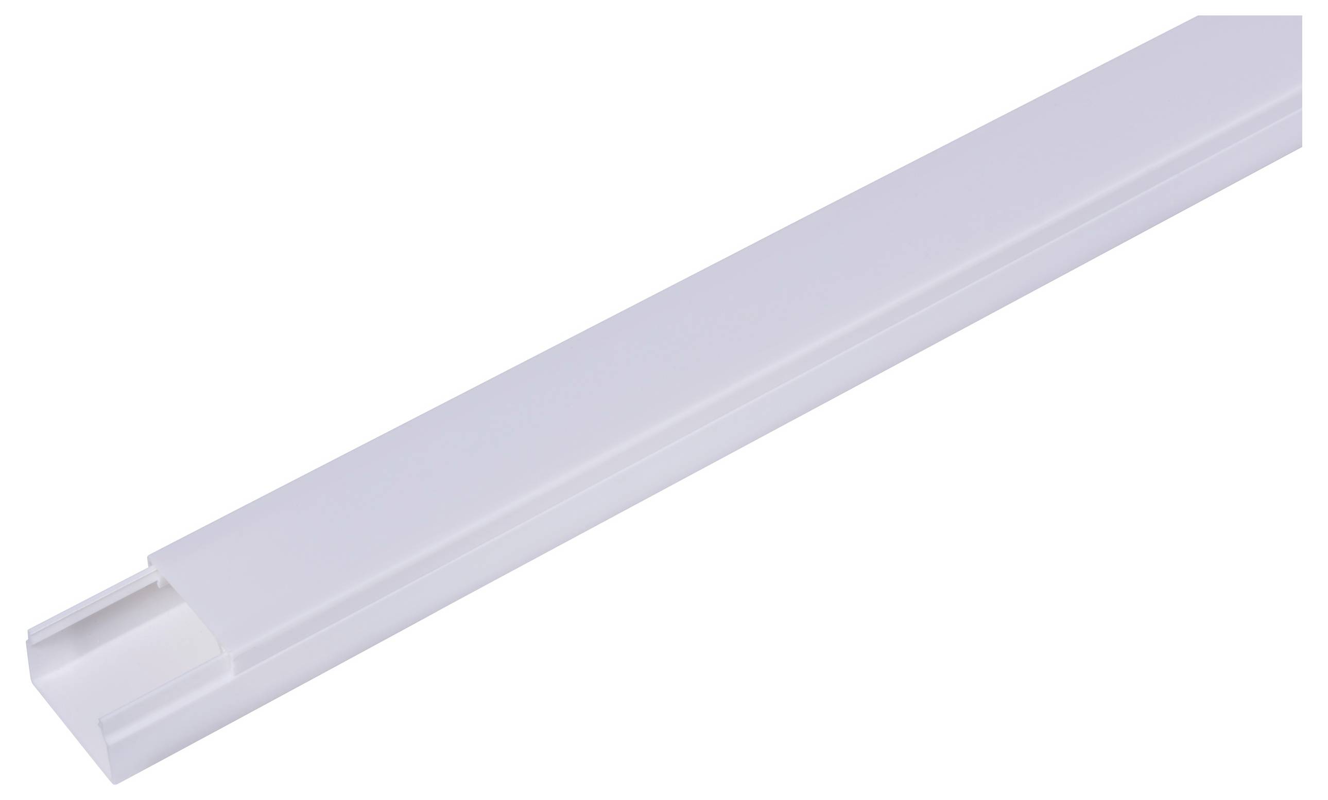 A white, rectangular plastic trunking with an opening on the side for organising and concealing electrical cables.