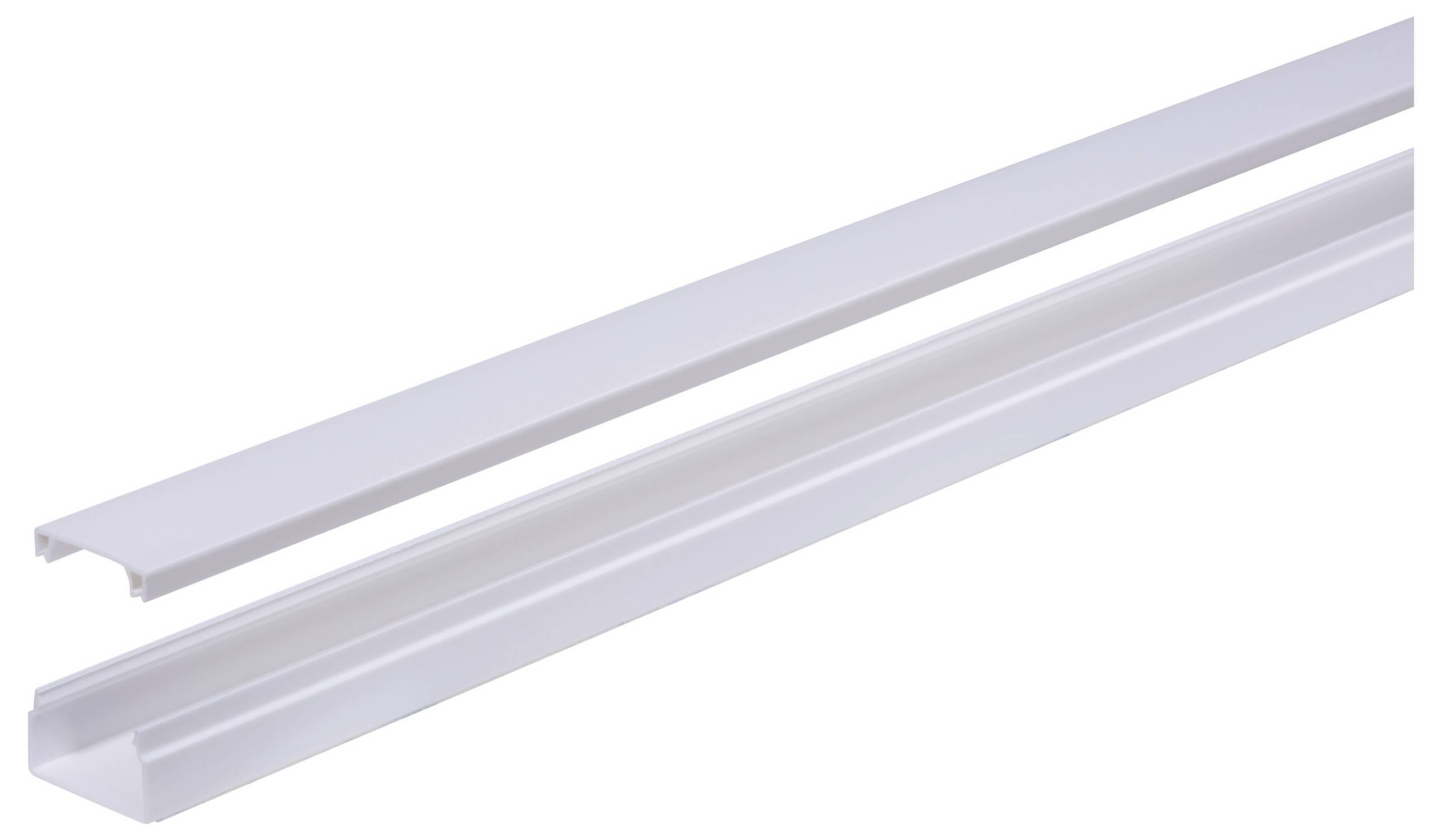 Two white plastic strips, one at the top and one at the bottom, shown from different perspectives.