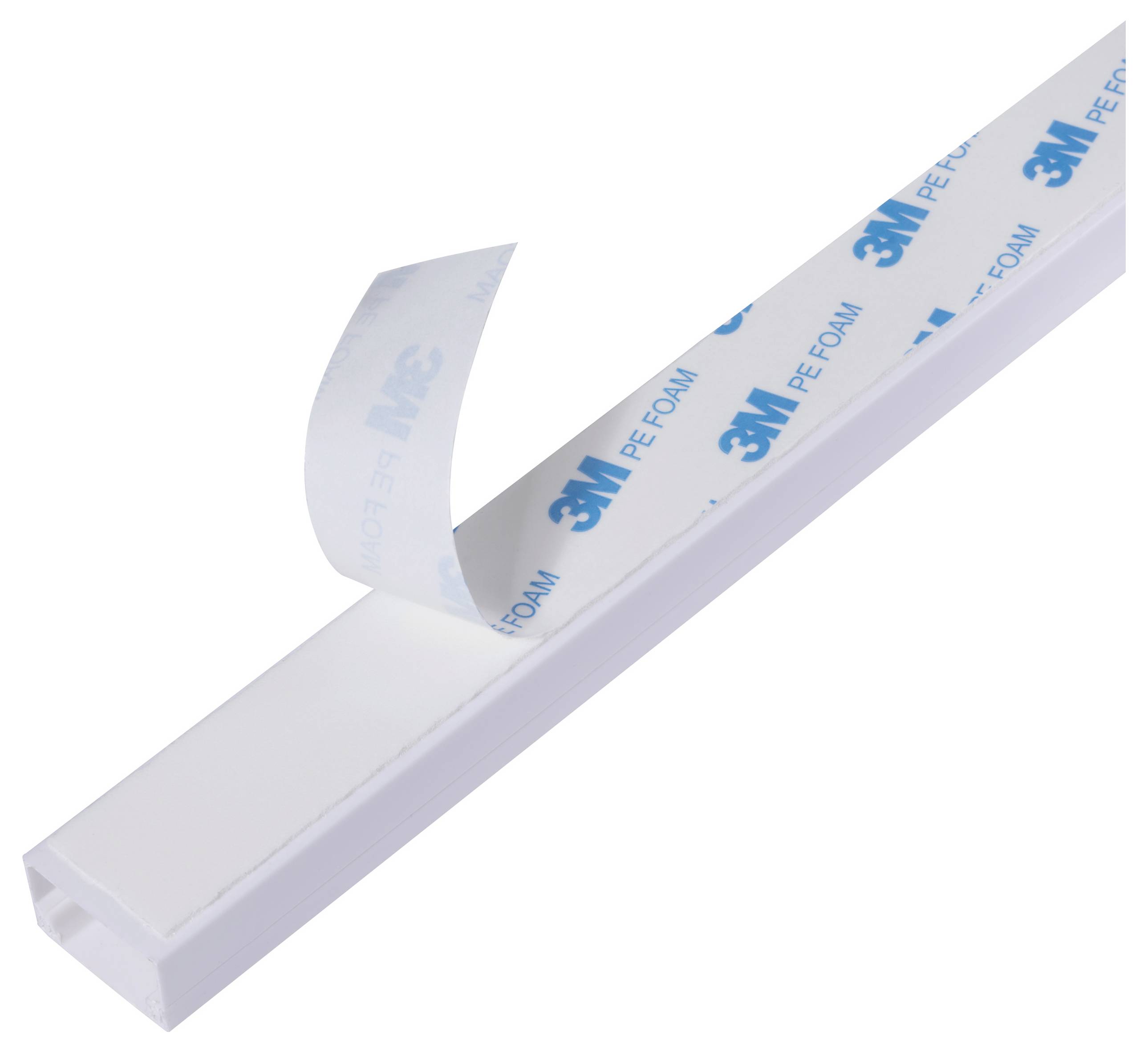 White cable trunking with removable 3M adhesive strip for neat cable management on walls.