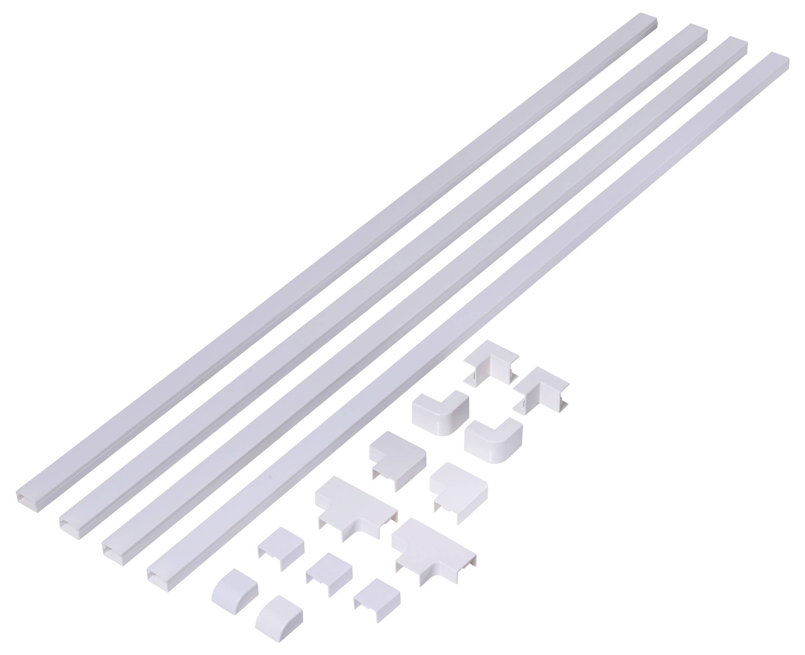 White plastic cable trunking and corners in various shapes, for cable management.