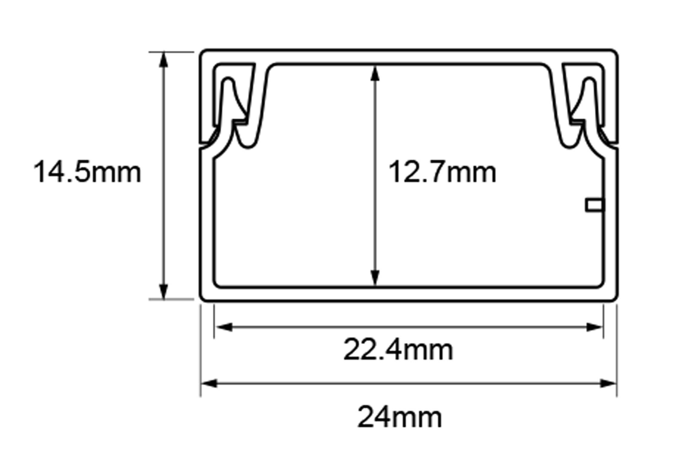 Technical drawing of a rectangular cross-section with dimensions: 24mm wide, 12.7mm high internally, 14.5mm high externally.