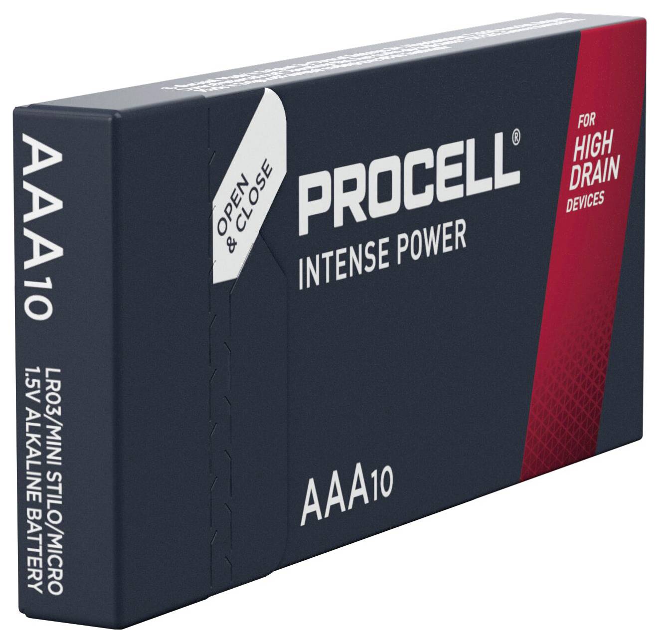 Battery pack labelled 'Procell Intense Power AAA10', suitable for high-energy-demand devices.