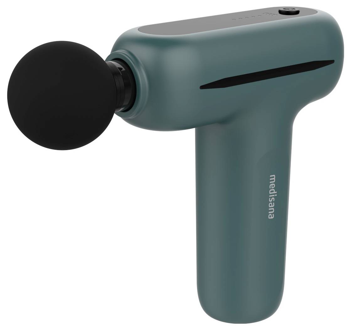 Massage gun in navy blue-green with a black attachment, side view. Power/off button and charging indicator at the top.