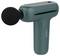 Massage gun in navy blue-green with a black attachment, side view. Power/off button and charging indicator at the top.