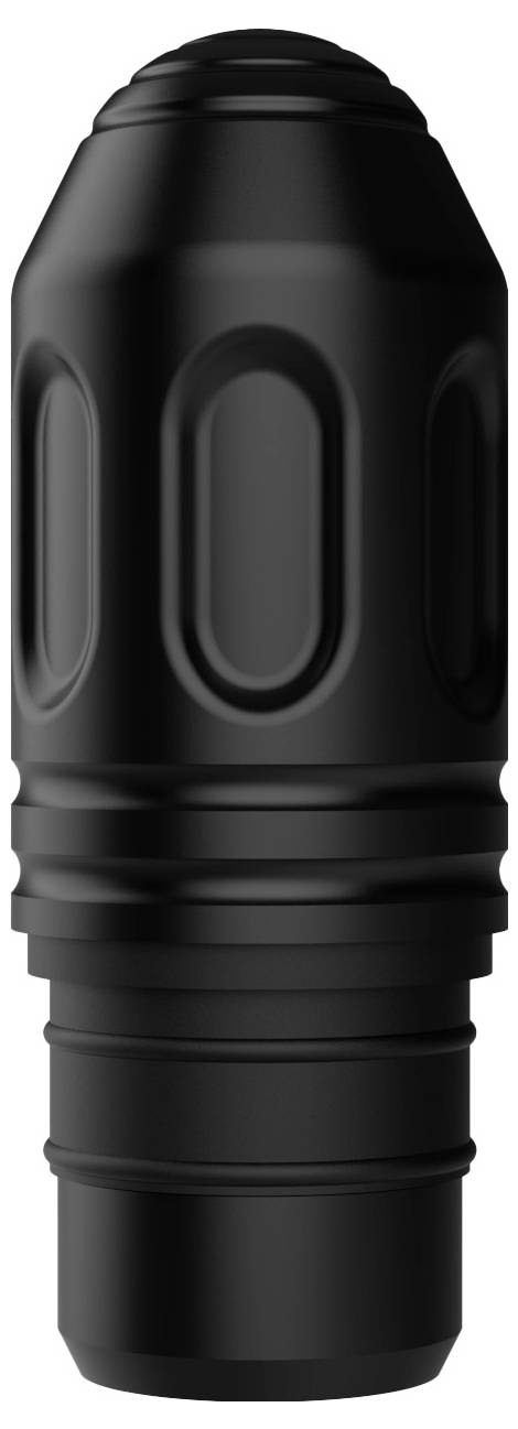 A black, cylindrical metal object with ergonomic handles and a rounded tip, possibly a technical device.
