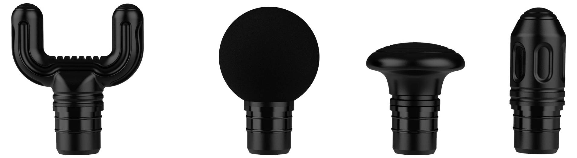 Four black massage attachments in different shapes: fork, ball, flat disc, and pointed tip.