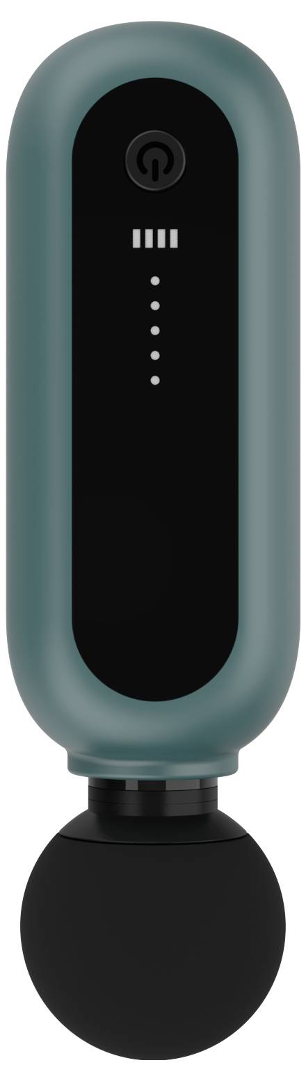 A turquoise massage device with a black front, an on/off button at the top and a vertical dot display in the centre. A black massage element at the bottom.