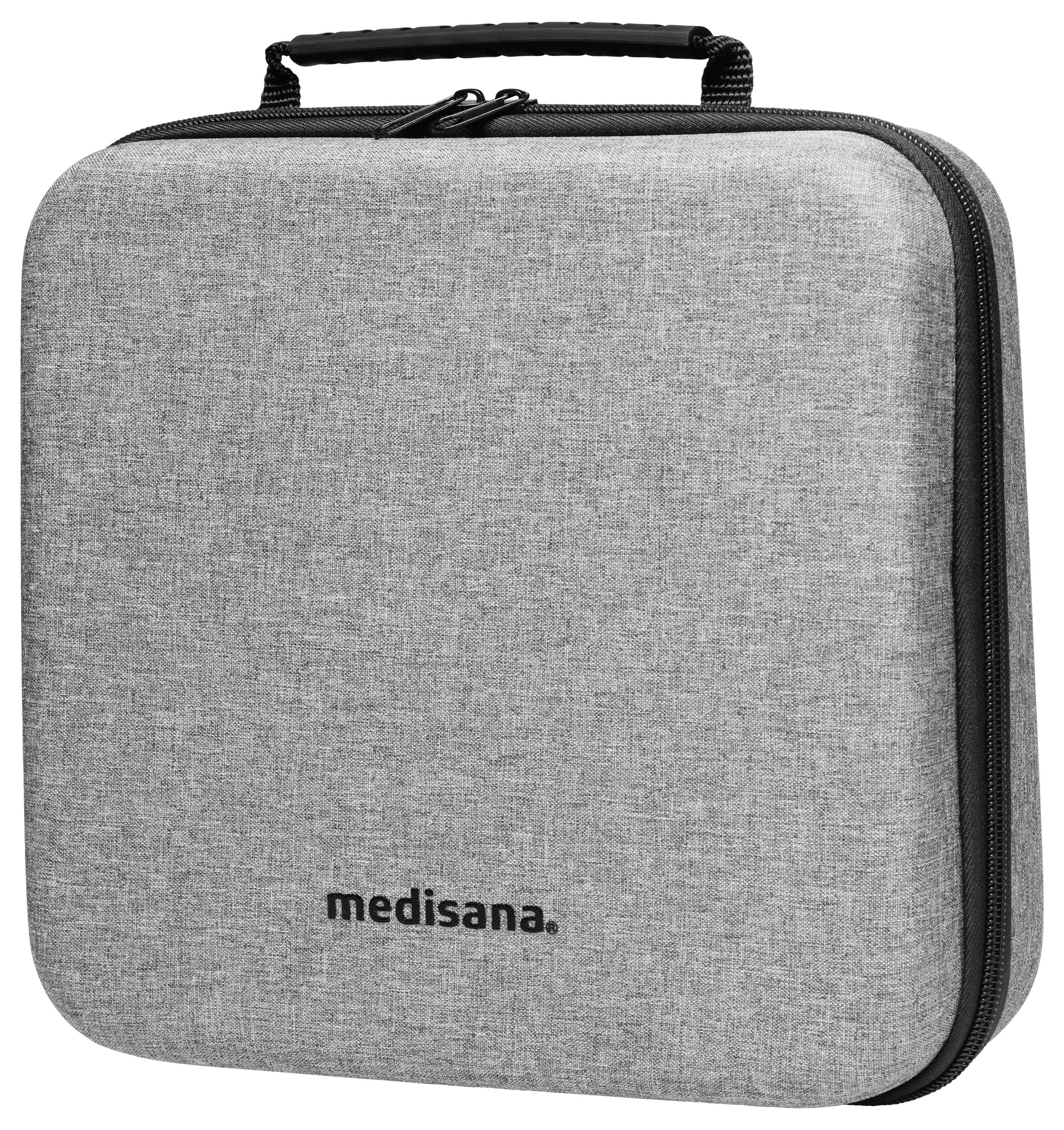 Grey transport case with zip and carrying handle, with black 'medisana' print.