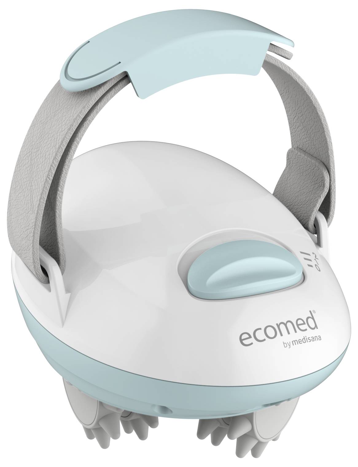 Electric massage device with handle and blue accents, marked with the brand name 'ecomed by medisana', with four rotating rollers.