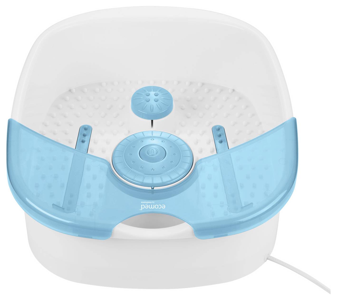 Foot bath with blue splash guard cover, built-in massage wheel and textured base for improved circulation.