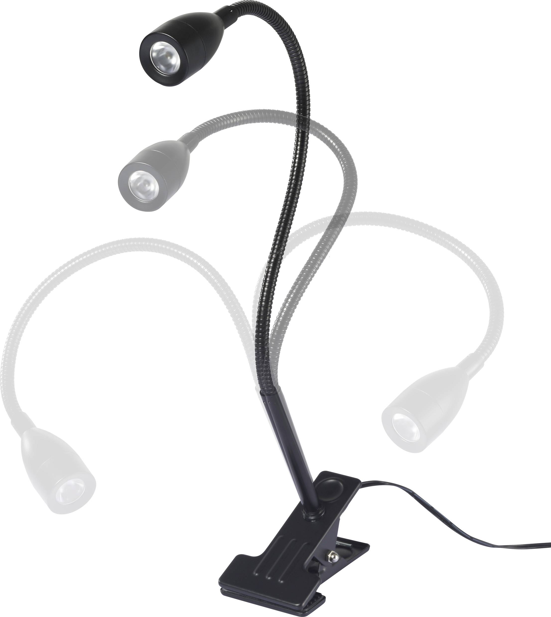 Flexible black LED lamp with three adjustable arms and clip base, suitable for attaching to table edges or book margins.